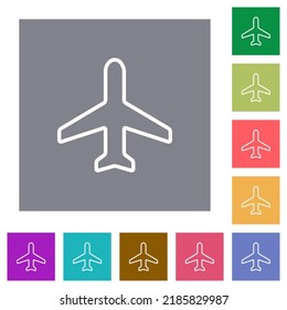 Airplane top view outline flat icons on simple color square backgrounds