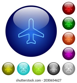 Airplane top view outline icons on round glass buttons in multiple colors. Arranged layer structure