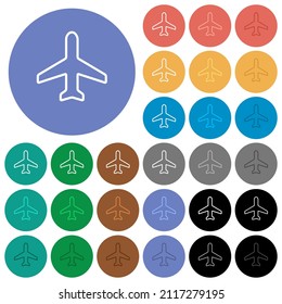 Airplane top view outline multi colored flat icons on round backgrounds. Included white, light and dark icon variations for hover and active status effects, and bonus shades.