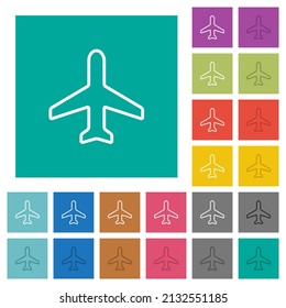 Airplane top view outline multi colored flat icons on plain square backgrounds. Included white and darker icon variations for hover or active effects.