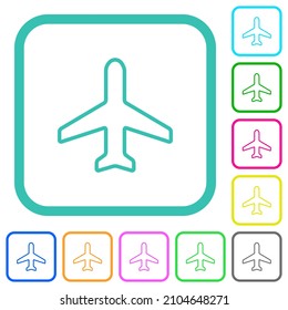 Airplane top view outline vivid colored flat icons in curved borders on white background