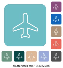 Airplane top view outline white flat icons on color rounded square backgrounds