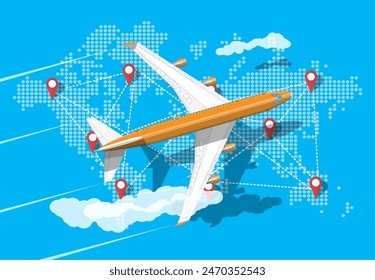 Airplane top view. Passenger or commercial jet. World map in dots. Cartography and geography. Aircrfat lat style. Journey or vacation, business trip. Vector illustration