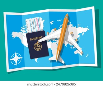 Airplane top view. Passenger or commercial jet, boarding pass and passport. Paper world map. Cartography and geography. Aircrfat lat style. Journey or vacation, business trip. Vector illustration