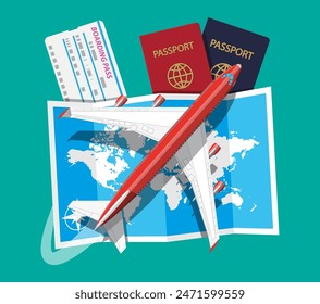 Airplane top view. Passenger or commercial jet, boarding pass and passport. Paper world map. Cartography and geography. Aircrfat lat style. Journey or vacation, business trip. Vector illustration