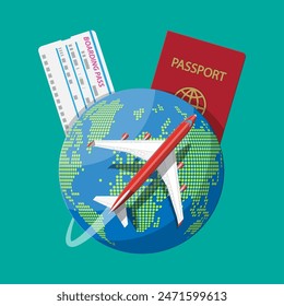 Airplane top view. Passenger or commercial jet, boarding pass and passport. Globe in dots. Cartography and geography. Aircrfat lat style. Journey or vacation, business trip. Vector illustration