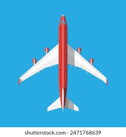 Airplane top view. Passenger or commercial jet isolated on blue. Aircrfat in flat style. Vector illustration