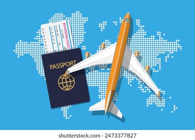 Airplane top view. Passenger or commercial jet, boarding pass and passport. World map in dots. Cartography and geography. Aircrfat lat style. Journey or vacation, business trip. Vector illustration