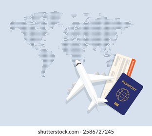 Airplane top view. Passenger or commercial jet, boarding pass and passport. World map in dots. Cartography and geography. Aircrfat lat style. Journey or vacation, business trip. Vector illustration