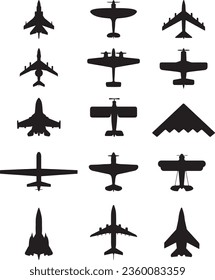 Paquete gráfico del vector de silueta de la vista superior del avión