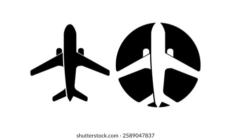 airplane top view symbol, black isolated silhouette