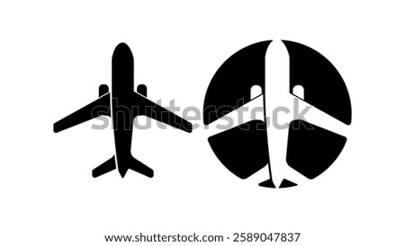 airplane top view symbol, black isolated silhouette