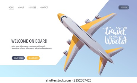 Airplane top view and "Travel the world" lettering. Air travel, tourism, adventure, journey, Airplane concept. Vector illustration for banner, poster, website, advertising.