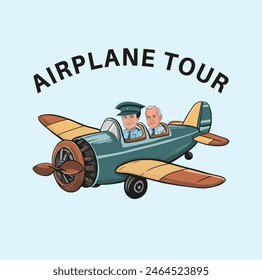 Airplane tour emblem featuring cartoon characters of two men flying in a vintage old plane vector