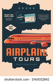 Airplane tours, airline travel service retro banner. Air journey plans, passenger transportation poster. Modern airliner jet plane flying in clouds, passport and flight tickets vector