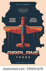 Airplane tours, plane jet travel and aircraft journey, vector retro vintage poster. Air trip with pilot guide, vacation voyage and private flight on propeller airplane, aviation tourism adventure