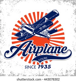 Airplane Tours.Biplane label. Retro Plane badges, design elements. Vintage prints for t shirt.Vector illustration.