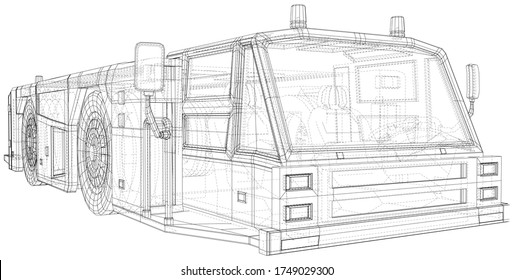 Airplane tow truck. Wire-frame. Towing vehicle Vector Illustration transport in airport. The layers of visible and invisible lines are separated. EPS10 format.