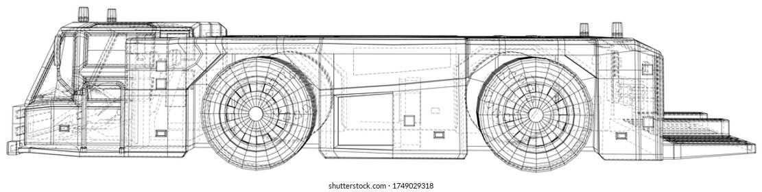 Airplane tow truck. Wire-frame. Towing vehicle Vector Illustration transport in airport. The layers of visible and invisible lines are separated. EPS10 format.