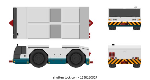 Airplane towing vehicle. Front, side, top and back view. Repair and maintenance of aircraft. Airfield transport. Industrial blueprint. Vector isolated illustration.