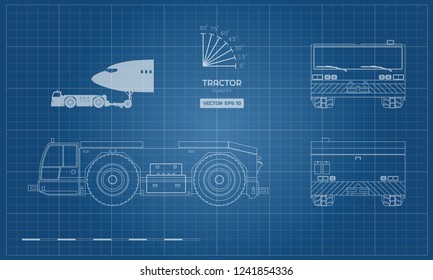 Airplane towing vehicle in outline style. Front, side, top and back view. Repair and maintenance of aircraft. Airfield transport. Industrial blueprint. Vector isolated illustration.