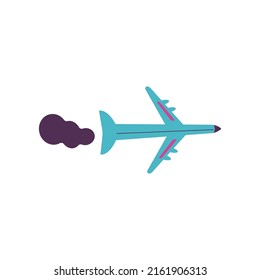 Avión con rastro de humo tóxico, ilustración plana del vector de dibujos animados aislada en fondo blanco. El transporte aéreo contamina la atmósfera con emisiones de carbono.