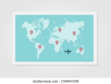 airplane trace on world map paper vector