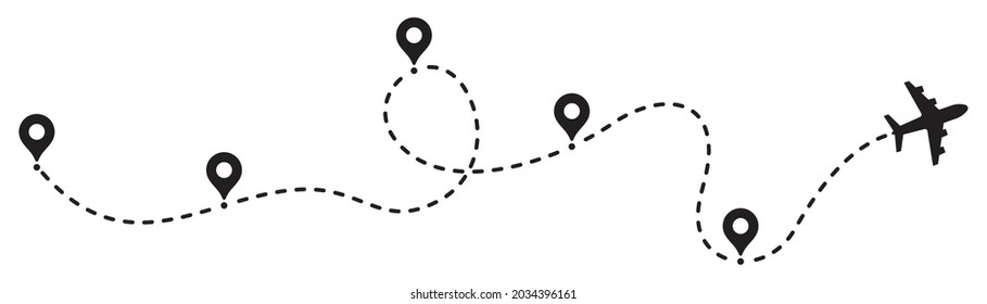 Airplane track with dashed line, Trajectory Airplane, vector illustration