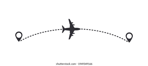 Airplane track with dotted line. Tracks of travelers are marked with dotted lines. Tracking airplane en route on white background