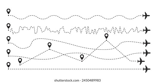 Pista del avión, Trayectoria del avión, Seguimiento de la aeronave, Traza de vuelo, Pista del avión a punto, Línea de camino, Colección de líneas aéreas, Ilustración vectorial