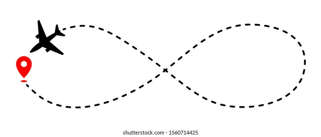 Airplane track to point with dashed line way on white background