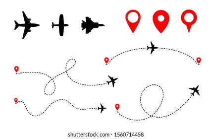 Airplane track to point with dashed line way on white background