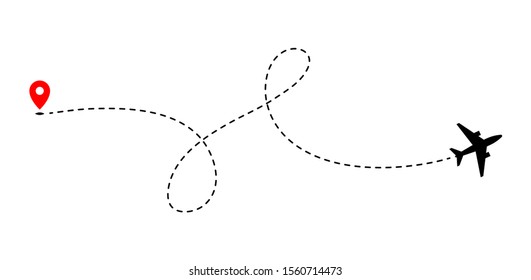 Airplane track to point with dashed line way on white background