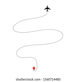 Airplane track to point with dashed line way on white background