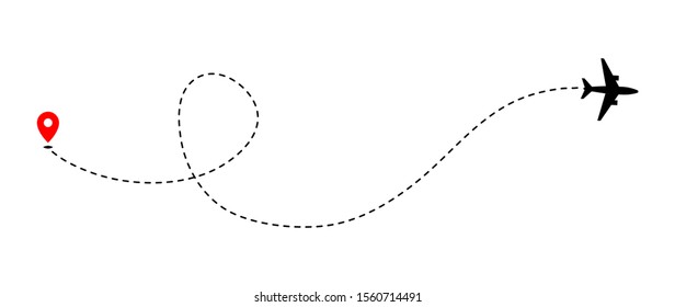 Airplane track to point with dashed line way on white background