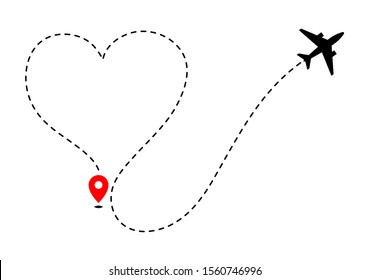 Airplane track to point with dashed line way on white background