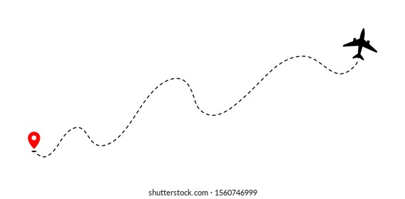 Airplane track to point with dashed line way on white background