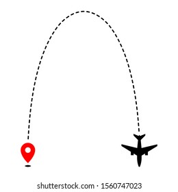 Airplane track to point with dashed line way on white background