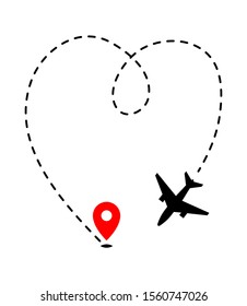 Airplane track to point with dashed line way on white background
