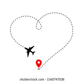 Airplane track to point with dashed line way on white background