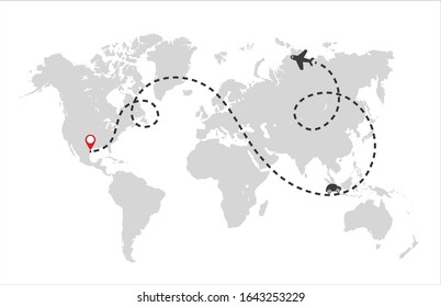 Airplane track to point with dashed line way and world map on white background. Vector illustration. 
