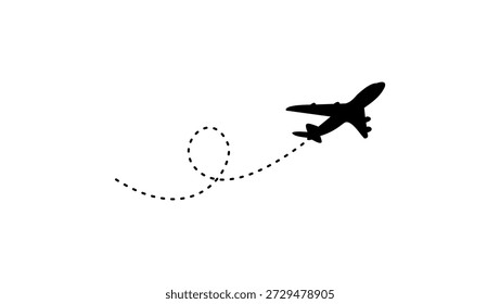 Trilha ou rota de avião com linhas pontilhadas, silhueta preta isolada