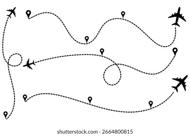 airplane tracking routes with dynamic dotted lines. Plane route lines of aircraft tracking, location pins, planes, travel, map pins on white background. Vector. airplane line path airplane location 