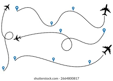 airplane tracking routes with dynamic dotted lines. Plane route lines of aircraft tracking, location pins, planes, travel, map pins on white background. Vector. airplane line path airplane location 