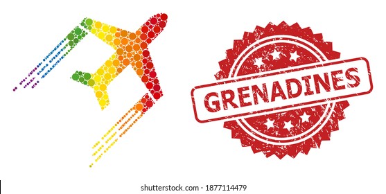 Airplane trail mosaic icon of filled circle elements in different sizes and LGBT colored shades, and Grenadines corroded rosette seal imitation. A dotted LGBT-colored Airplane trail for lesbians,