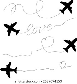 Airplane trajectory line icon. Vector illustration of airplane flight route with trace line. Lines with heart and word "love". Isolated.