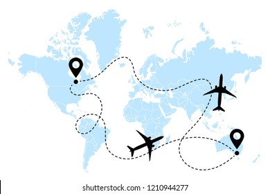 Airplane transatlantic round-trip line path vector icon of air plane flight route with start point and destination. Aircraft clip art icon with route path track. Airplanes on world map vector.