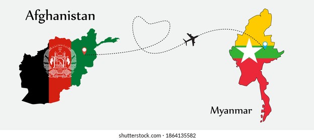 Airplane transport from Afghanistan to Myanmar. Concept a good tour travel and business of both country.