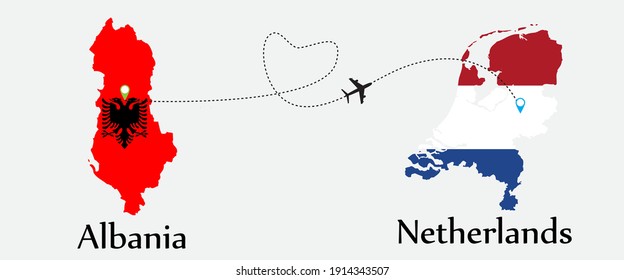 Airplane transport from Albania to Netherlands. Concept a good tour travel and business of both country. And flags symbol on maps. EPS.file.