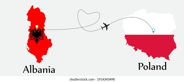 Airplane transport from Albania to Poland. Concept a good tour travel and business of both country. And flags symbol on maps. EPS.file.